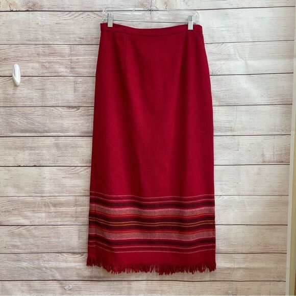 VINTAGE REQUIREMENTS RED WOOL MAXI SKIRT WITH FRINGE HEM - Picture 1 of 5